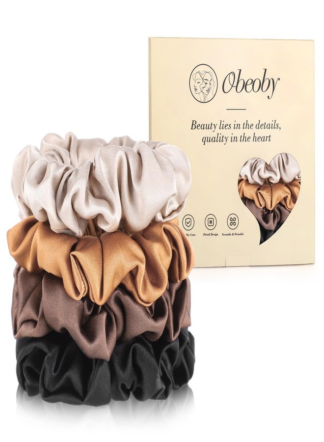 obeoby 4 Pack Mulberry Silk Scrunchies, Brown Silk Hair Ties for Hair Sleep No Damag Satin Scrunchies Valentines Day Gifts for Wife - Image 1